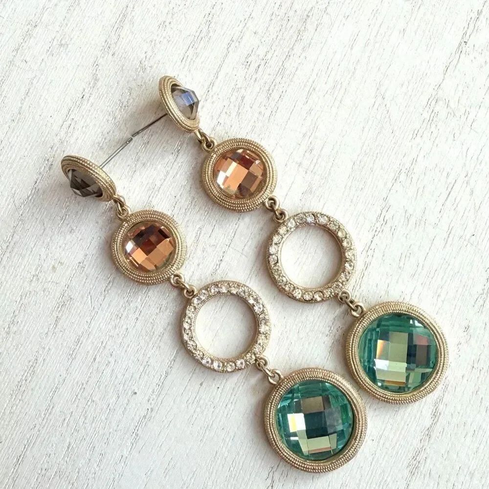 Gold Tone Multi-Stone Drop Earrings with Crystal Rings